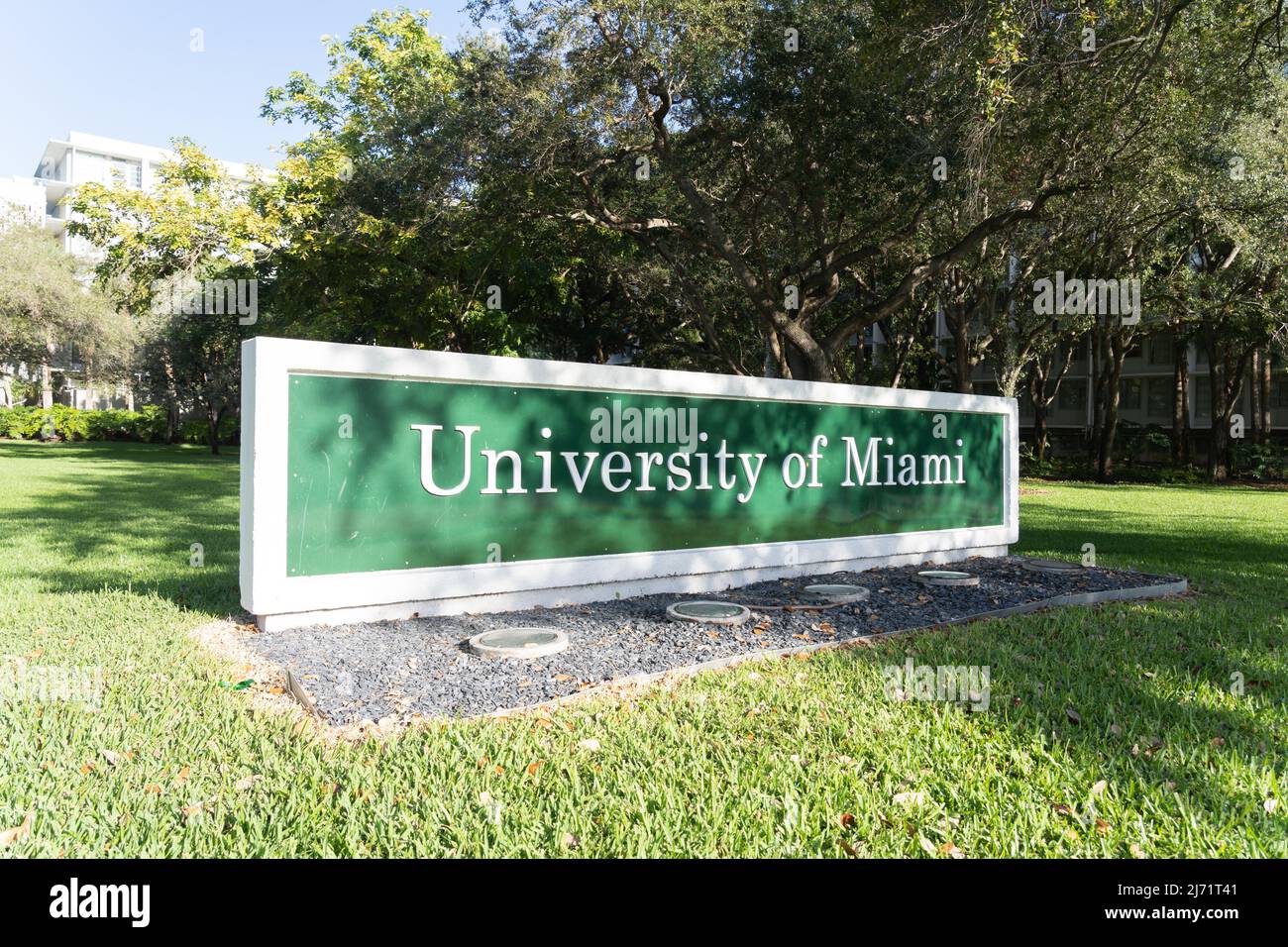 Miami, Fl, USA - January 2, 2022: University of Miami ground sign. The University of Miami is a private research university. Stock Photo