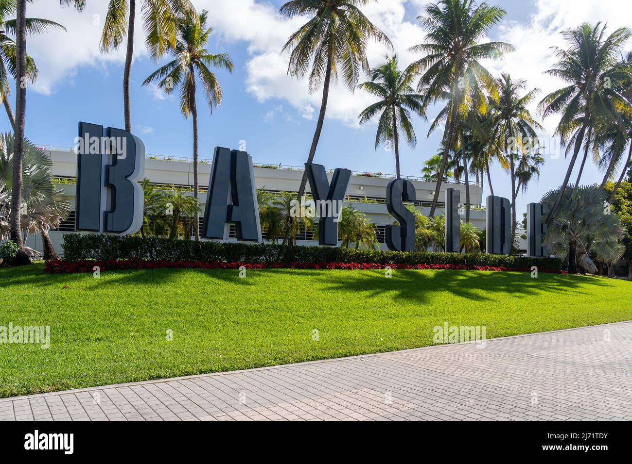 Miami, Florida, USA - January 2, 2022: Bayside sign is shown in  Miami, Florida, USA. Bayside Marketplace is a two-story open air shopping center. Stock Photo