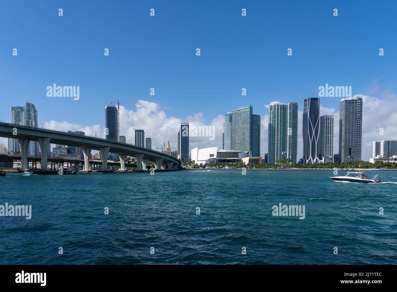 Miami, Florida, USA - January 2, 2022: Miami skyscrapers and General Douglas MacArthur Causeway, Florida, USA. Stock Photo