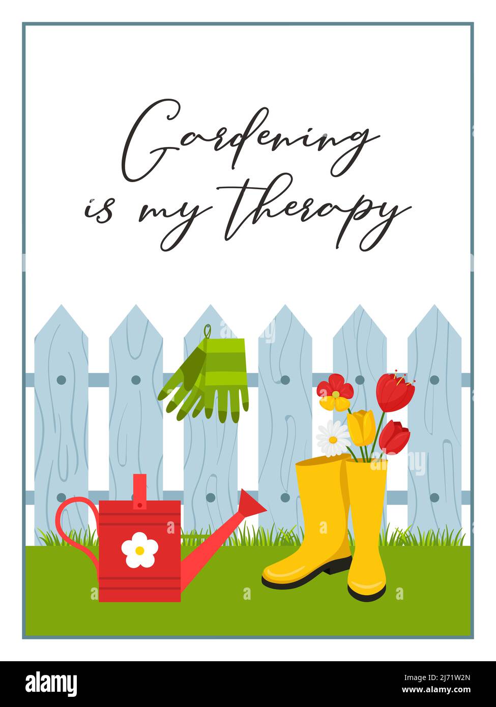 Rectangular vertical postcard with a fence, watering can, rubber boots, gloves, tulips. Words-Gardening is my therapy. Color vector illustration on a Stock Vector