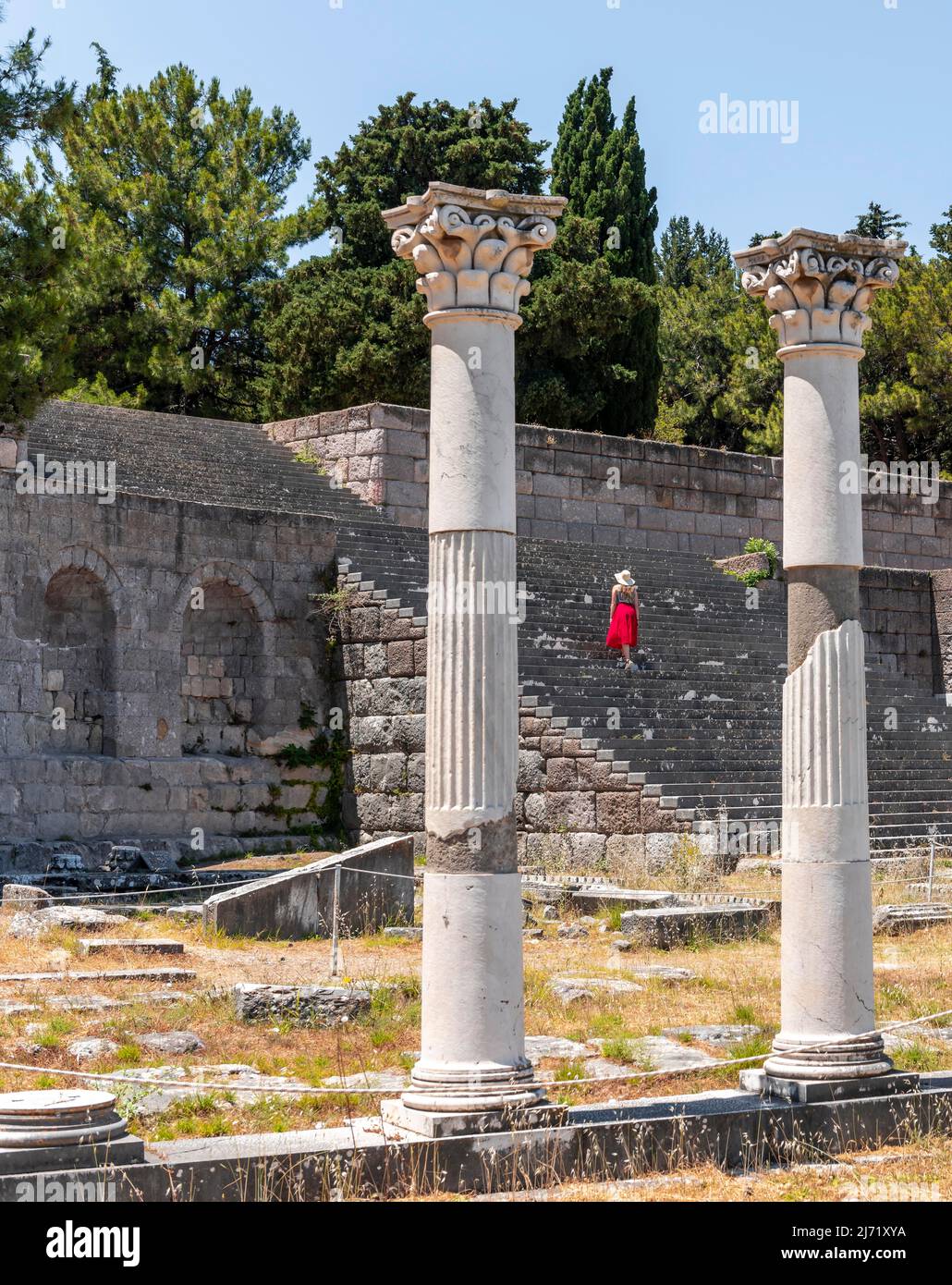 Tourist on stairs, Ruins with columns, Former temple, Asklepieion, Kos, Dodecanese, Greece Stock Photo