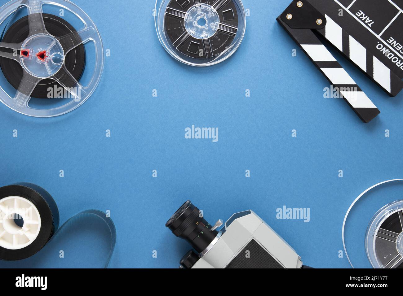 Arrangement cinema elements blue background with copy space Stock Photo
