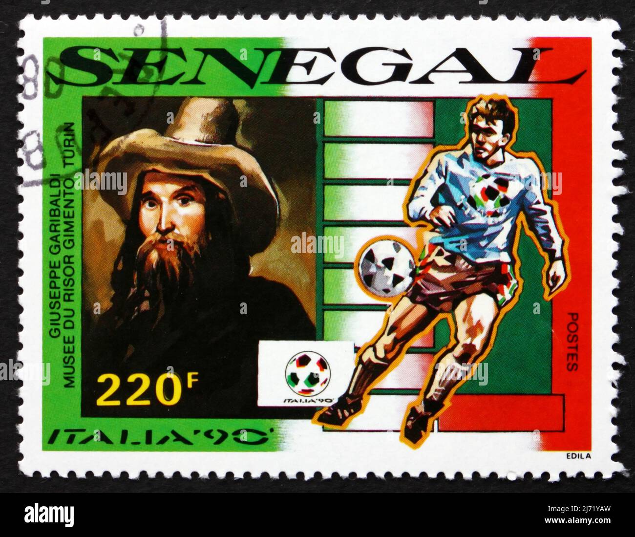 SENEGAL - CIRCA 1990: a stamp printed in Senegal shows Portrait of Giuseppe Garibaldi, Risorgimento Museum, Turin, 1990 World Cup Soccer Championships Stock Photo