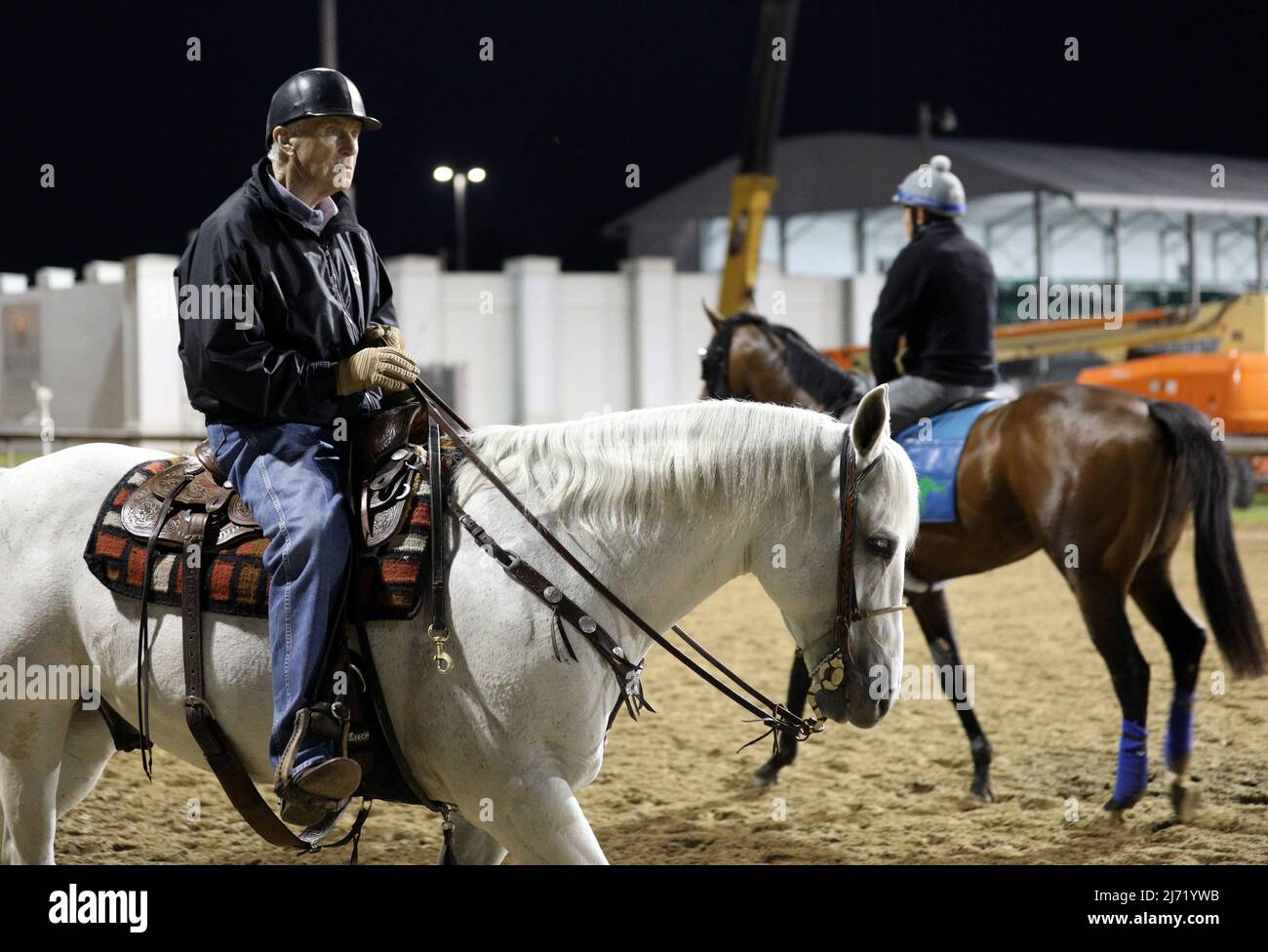 Louisville, Kentucky. May 5, 2022, Hall of Fame trainer D. Wayne Lukas watches his horse on the track during morning workouts as he prepares for the148th running of the Kentucky Derby at Churchill Downs on Thursday, May 5, 2022 in Louisville, Kentucky.     Photo by John Sommers II/UPI Stock Photo