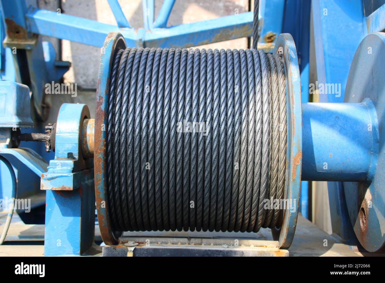 Winch with a wire rope on a crane Stock Photo