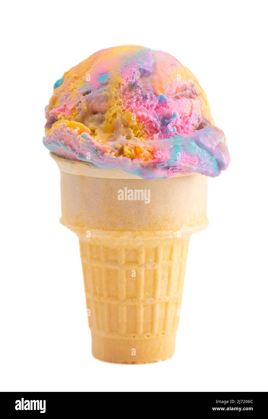 A Single Scoop of Unicorn Colored Ice Cream in a Cone Stock Photo