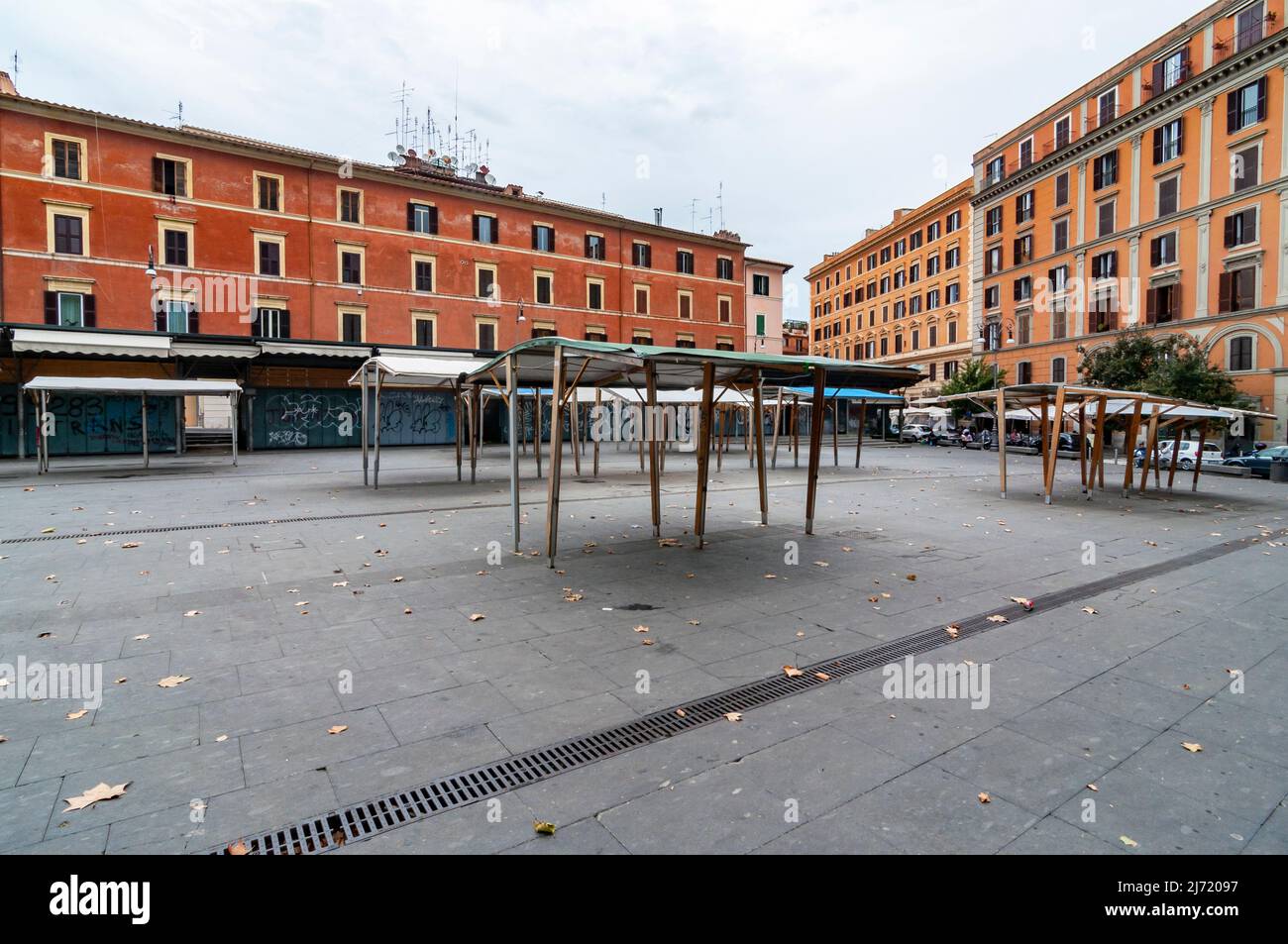Piazza San Cosimato in the Rione Trastevere when the market is close in Rome, Italy Stock Photo