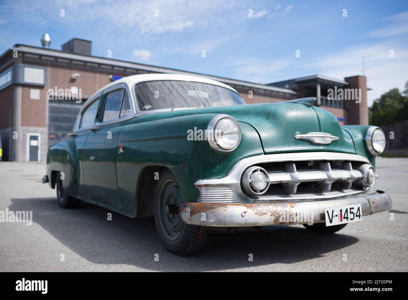 1953 green Chevrolet Bel Air Sedan with white roof in a sunny day in Norway Stock Photo