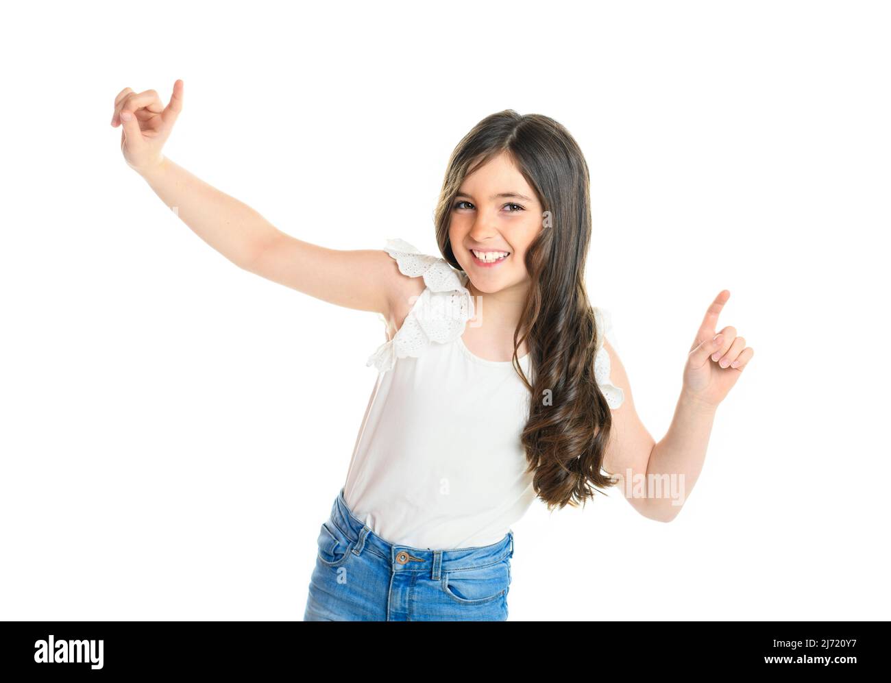 cute child over white background on studio with finger up Stock Photo