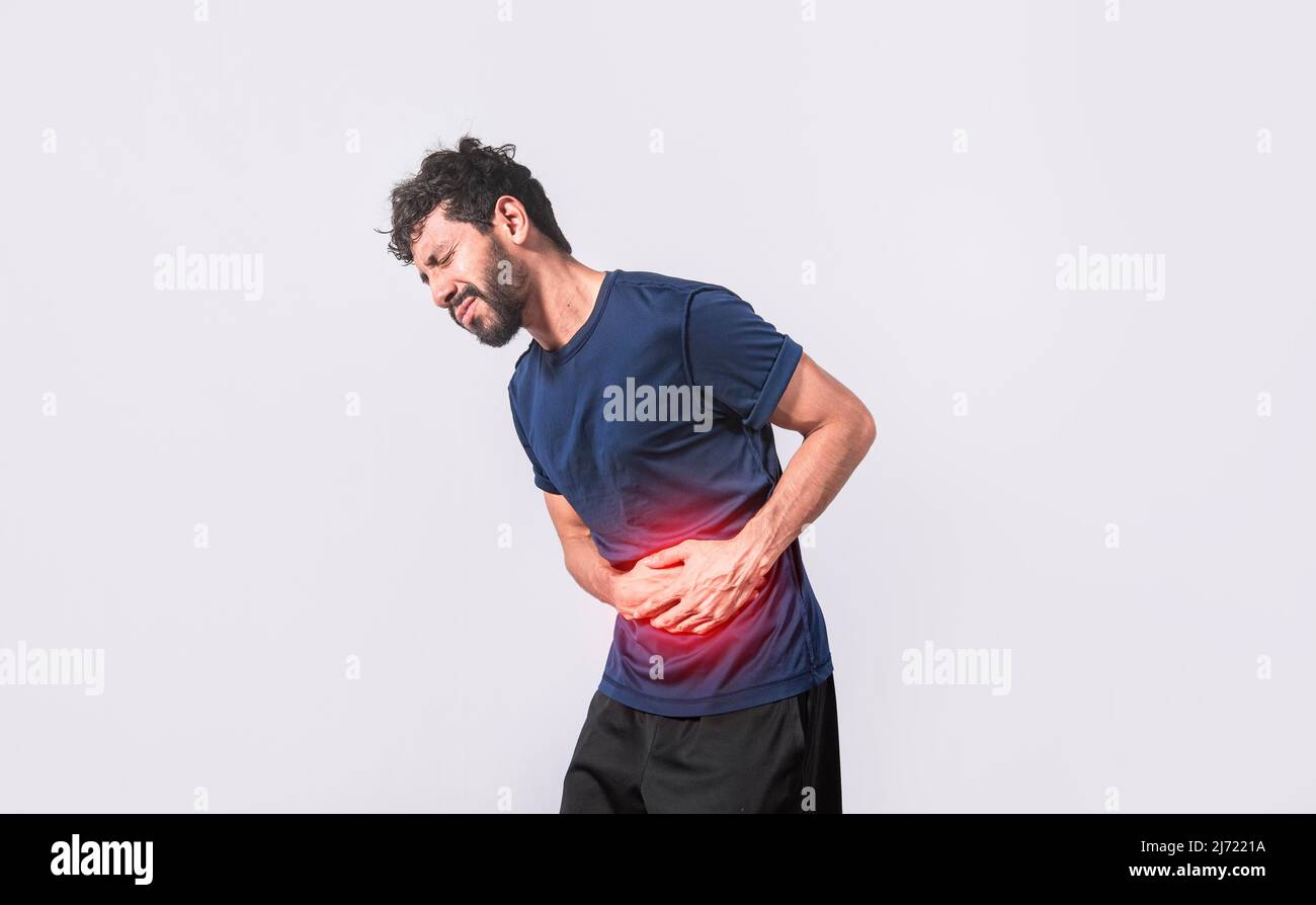 Person with stomach pain, stomach problems concept, man with digestive problems, man with stomach pain, isolated Stock Photo