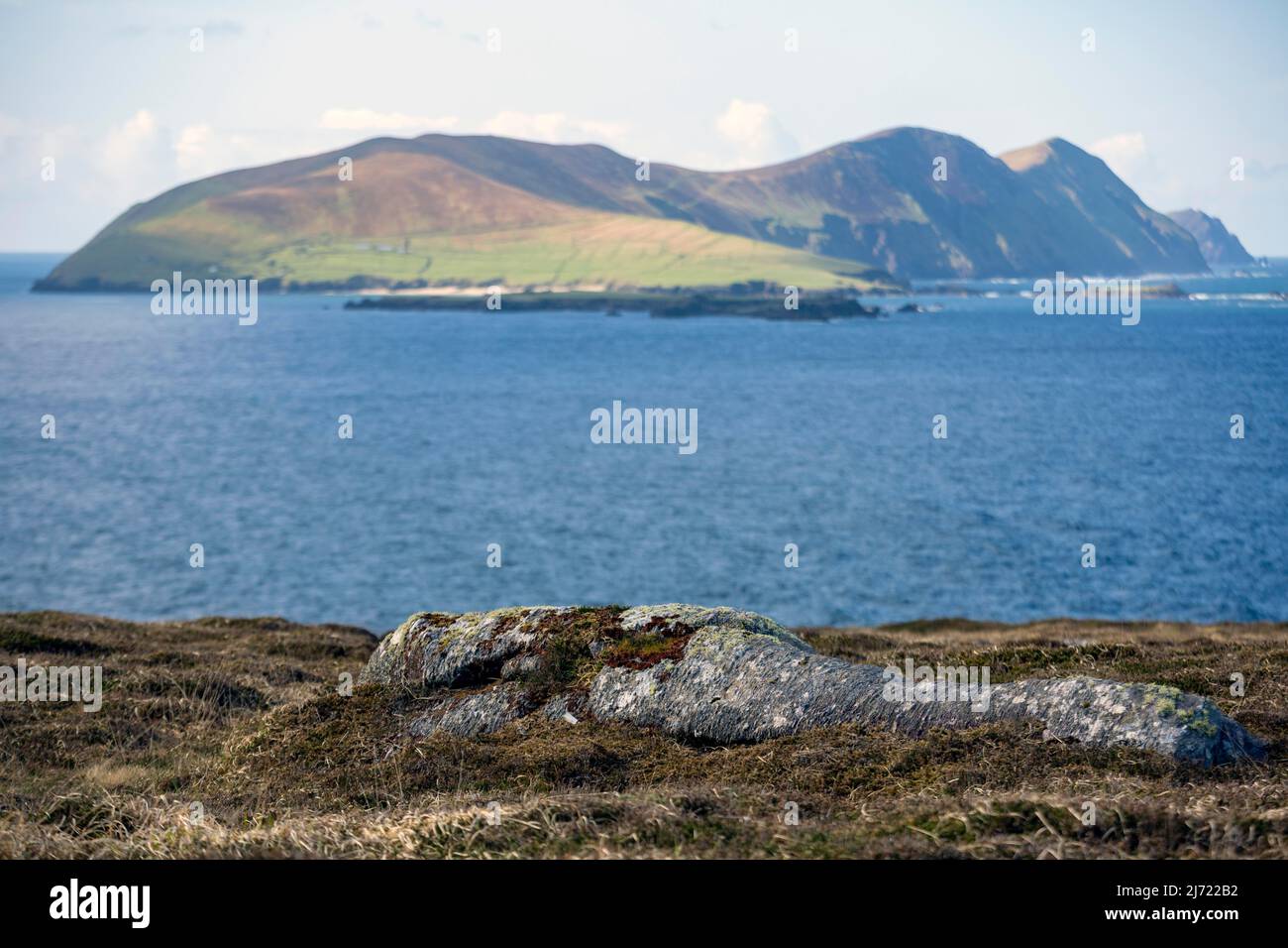 Beautiful landscape in the West Kerry Gaeltacht showing the Great Blasket Island in the distance, County Kerry, Munster, Ireland Stock Photo
