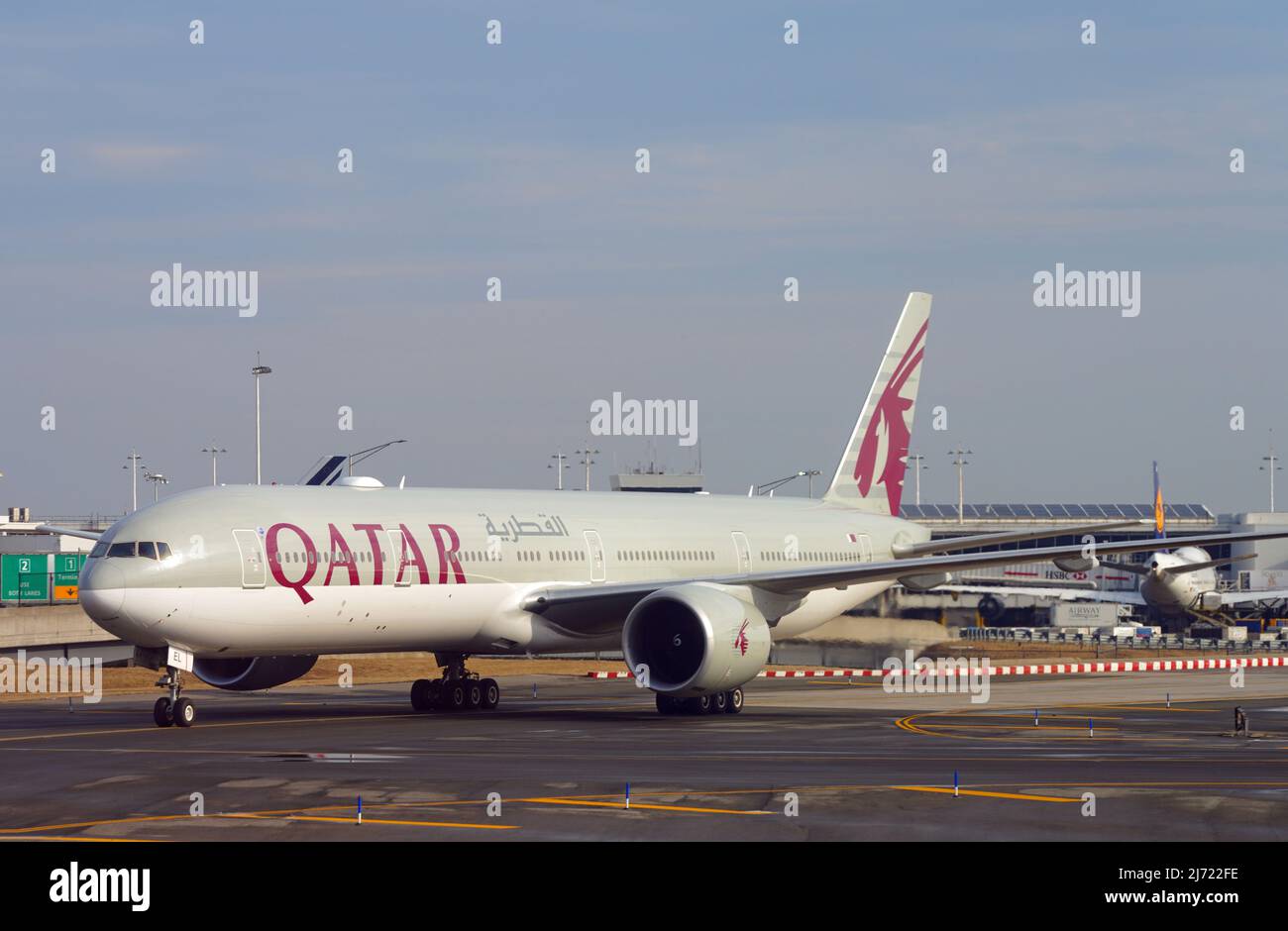 NEW YORK 6 MAR 2022 A Boeing 777300 airplane from Qatar Airways (QR