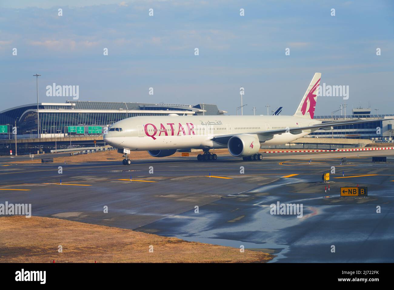 NEW YORK 6 MAR 2022 A Boeing 777300 airplane from Qatar Airways (QR