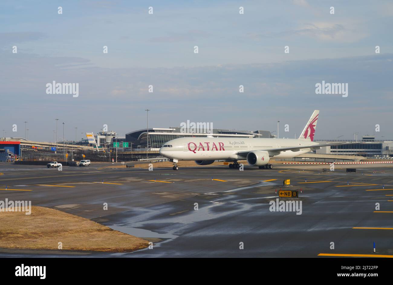 NEW YORK 6 MAR 2022 A Boeing 777300 airplane from Qatar Airways (QR