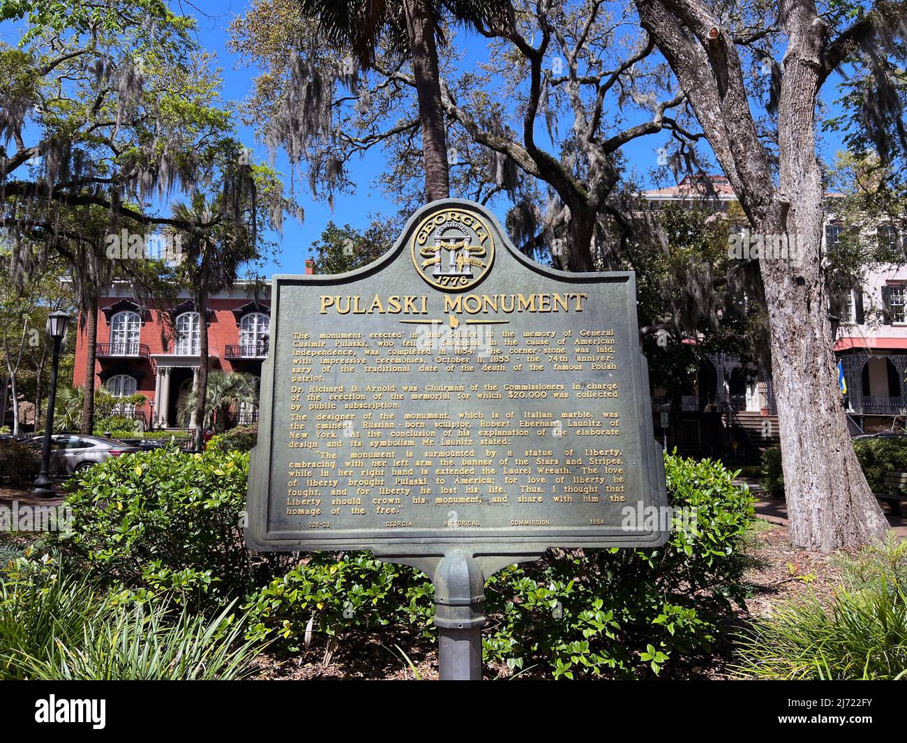 March 27, 2022 - Savannah, Georgia, USA: Located in historic Monterey Square, a plaque provides information about the Pulaski Monument, Stock Photo