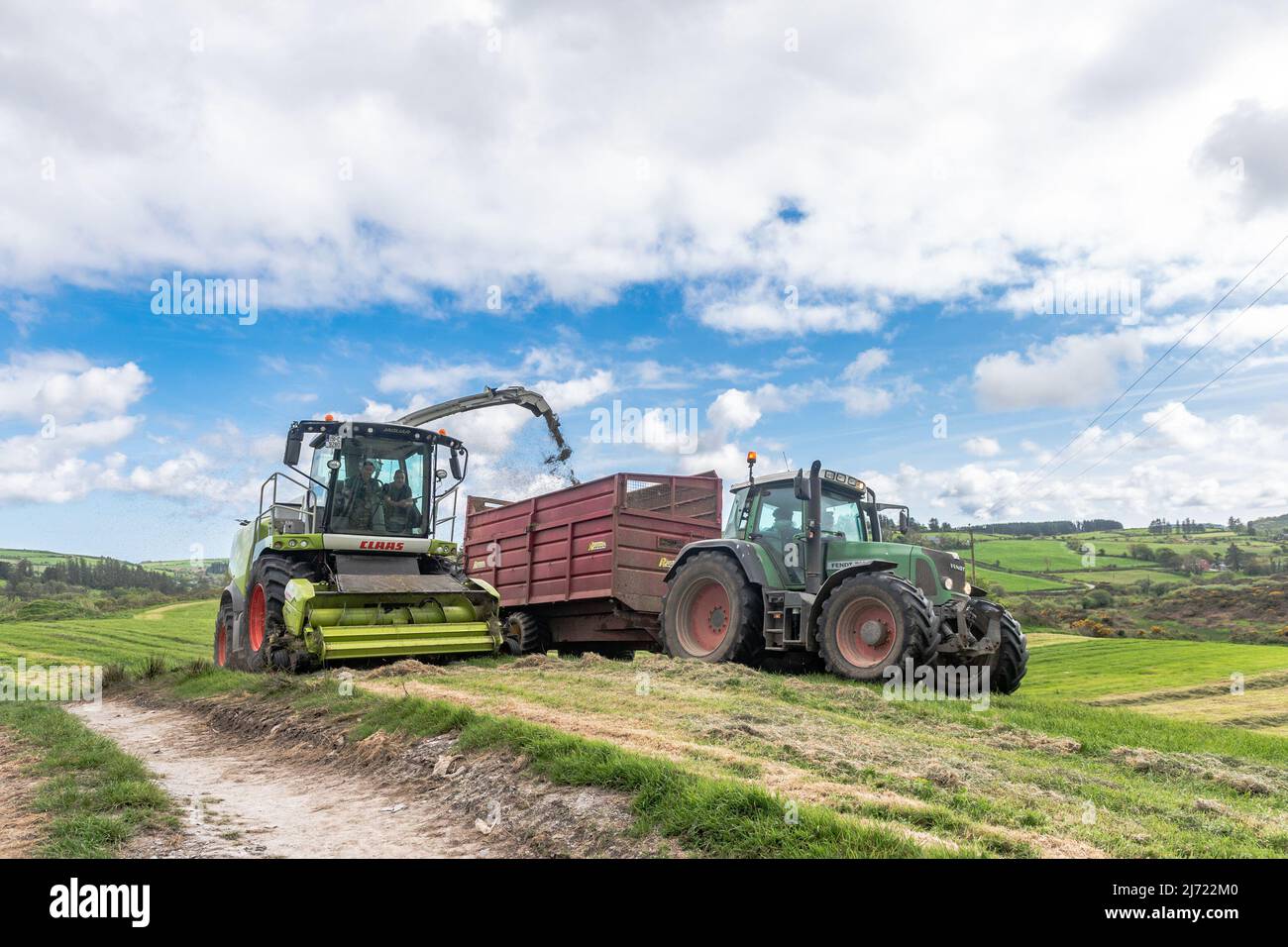 Drinagh, West Cork, Ireland. 5th May, 2022. Farmers are making the most of the good weather over the last few days and are cutting the first silage of the year. Contractor Cyril Maguire uses a Claas 950 Harvester to collect silage for dairy farmer Victor Jennings this afternoon. Credit: AG News/Alamy Live News. Stock Photo