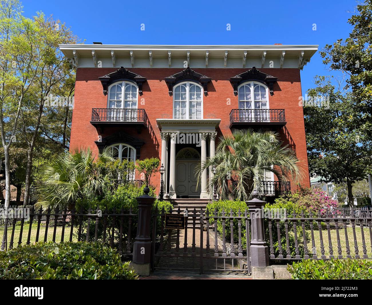 March 27, 2022 - Savannah, Georgia, USA: Exterior of the Mercer Williams Museum, a historic home and former residence of Jim William. Stock Photo