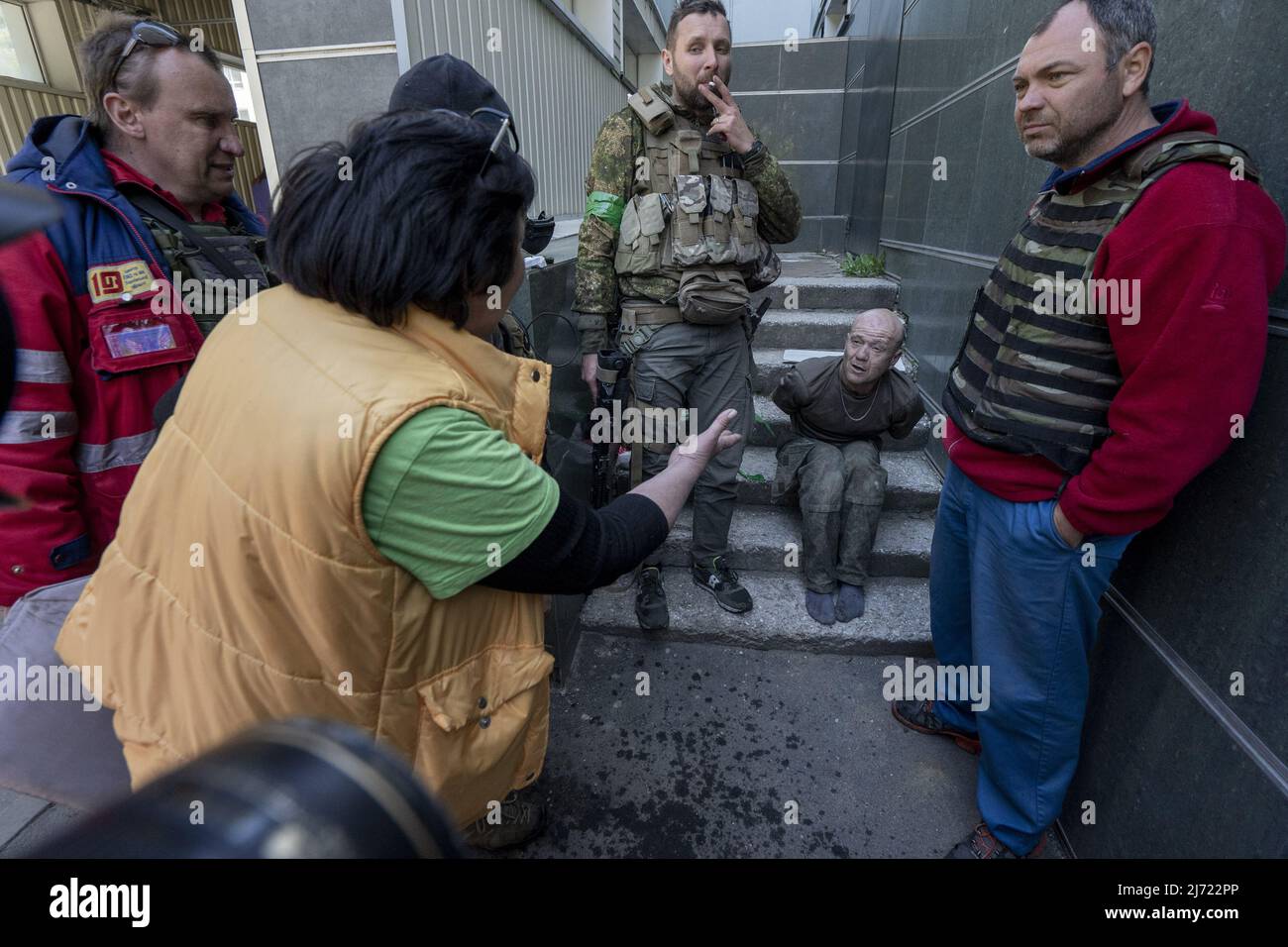 A Russian soldier is detained by Ukrainian Army while being yelled and berated by Ukrainians at a local hospital in Kharkiv, Ukraine, Thursday, May 5, 2022. The U.K. government has reportedly launched an inquiry into how British-manufactured components have made their way into Russian weapons systems, despite an arms embargo being in operation since Russia annexed Crimea in 2014.     Photo by Ken Cedeno/UPI Stock Photo