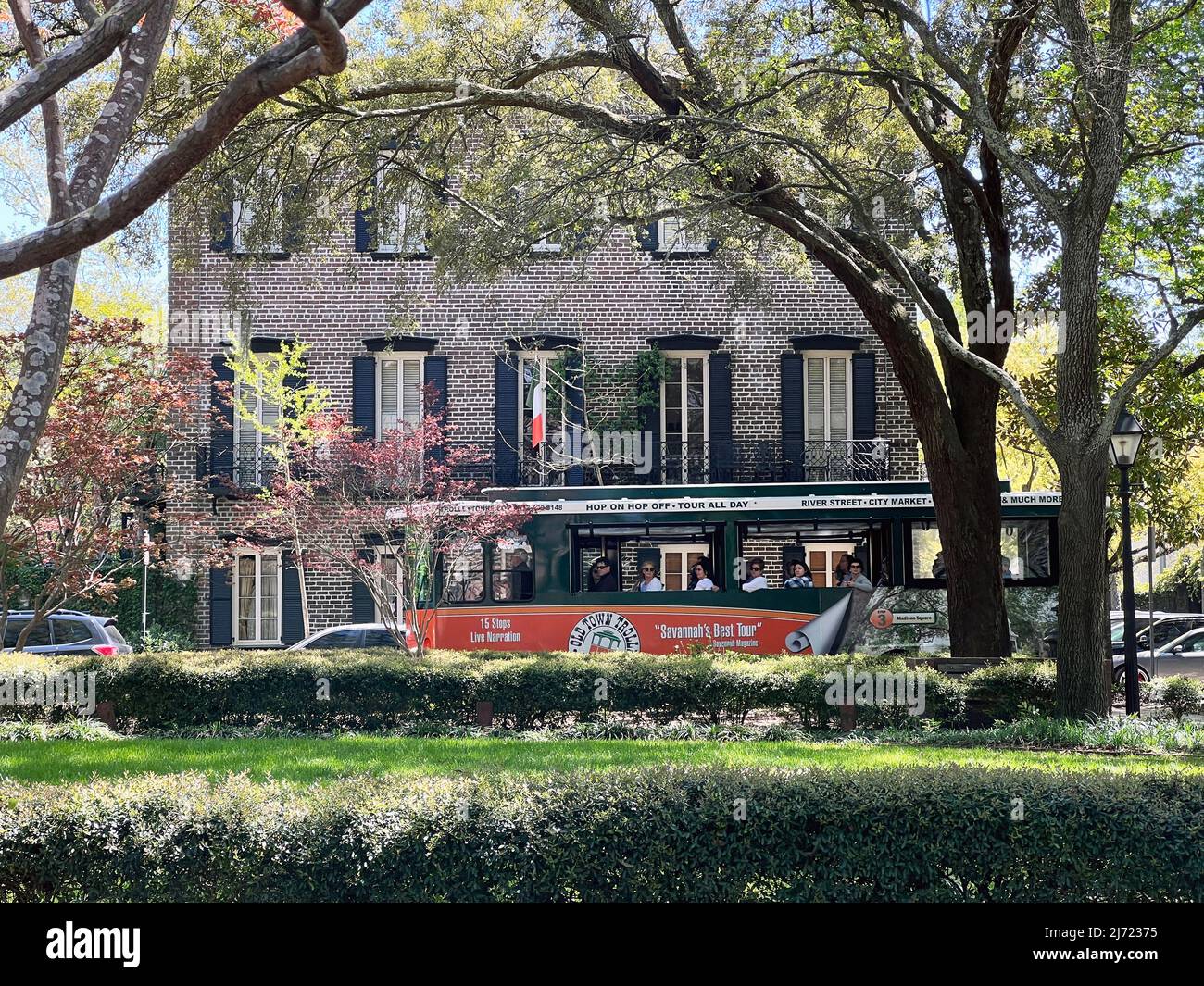 Savannah, USA March 27, 2022 A trolley bus tour seen in the South Historic District