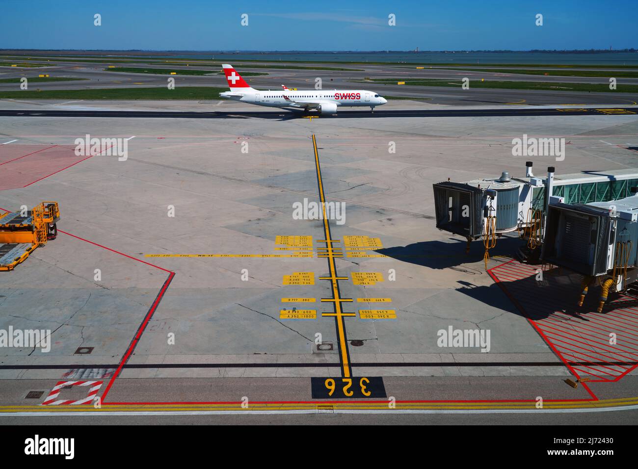 VENICE, ITALY 17 APR 2022 View of an airplane from Swiss airline (LX
