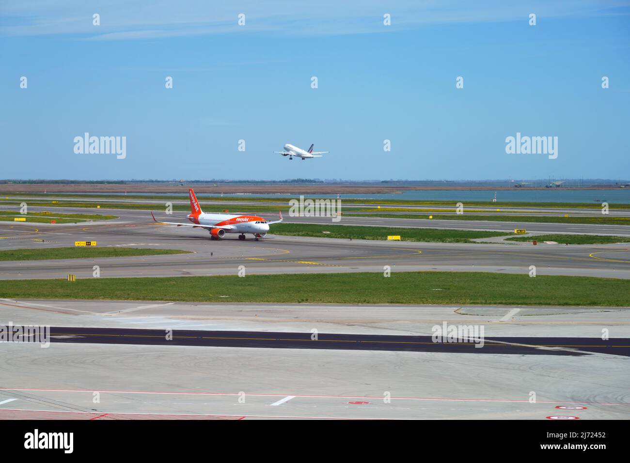 VENICE, ITALY 17 APR 2022 View of an airplane from British lowcost