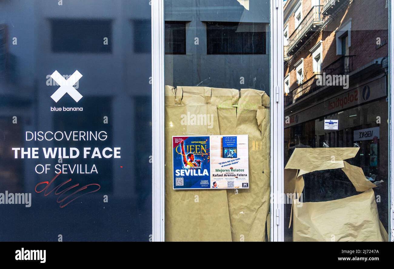 Blue banana closed shop front in Seville, Spain Stock Photo