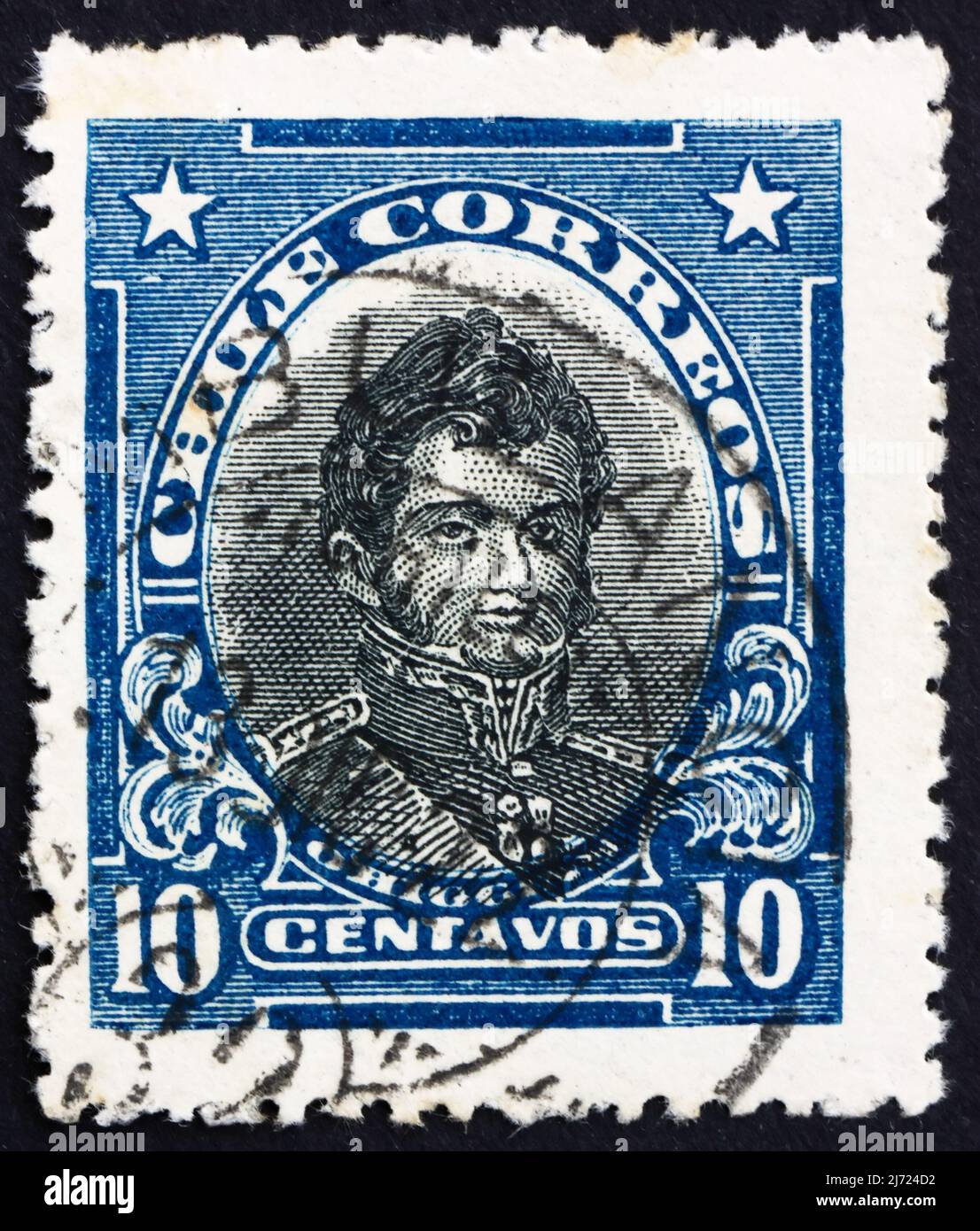 CHILE - CIRCA 1912: a stamp printed in the Chile shows Bernardo O’Higgins Riquelme, Chilean Independence Leader and 2nd Supreme Director of Chile, cir Stock Photo
