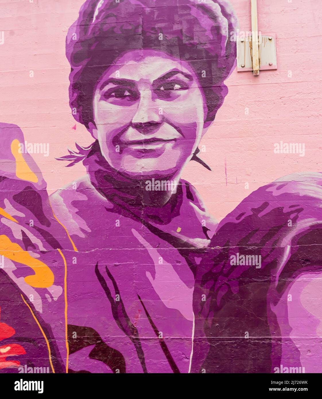 Mural of female Soviet sniper Liudmila Pavlichenko, Concepcion feminist mural  La unión hace la fuerza,  on the wall in, Madrid Stock Photo