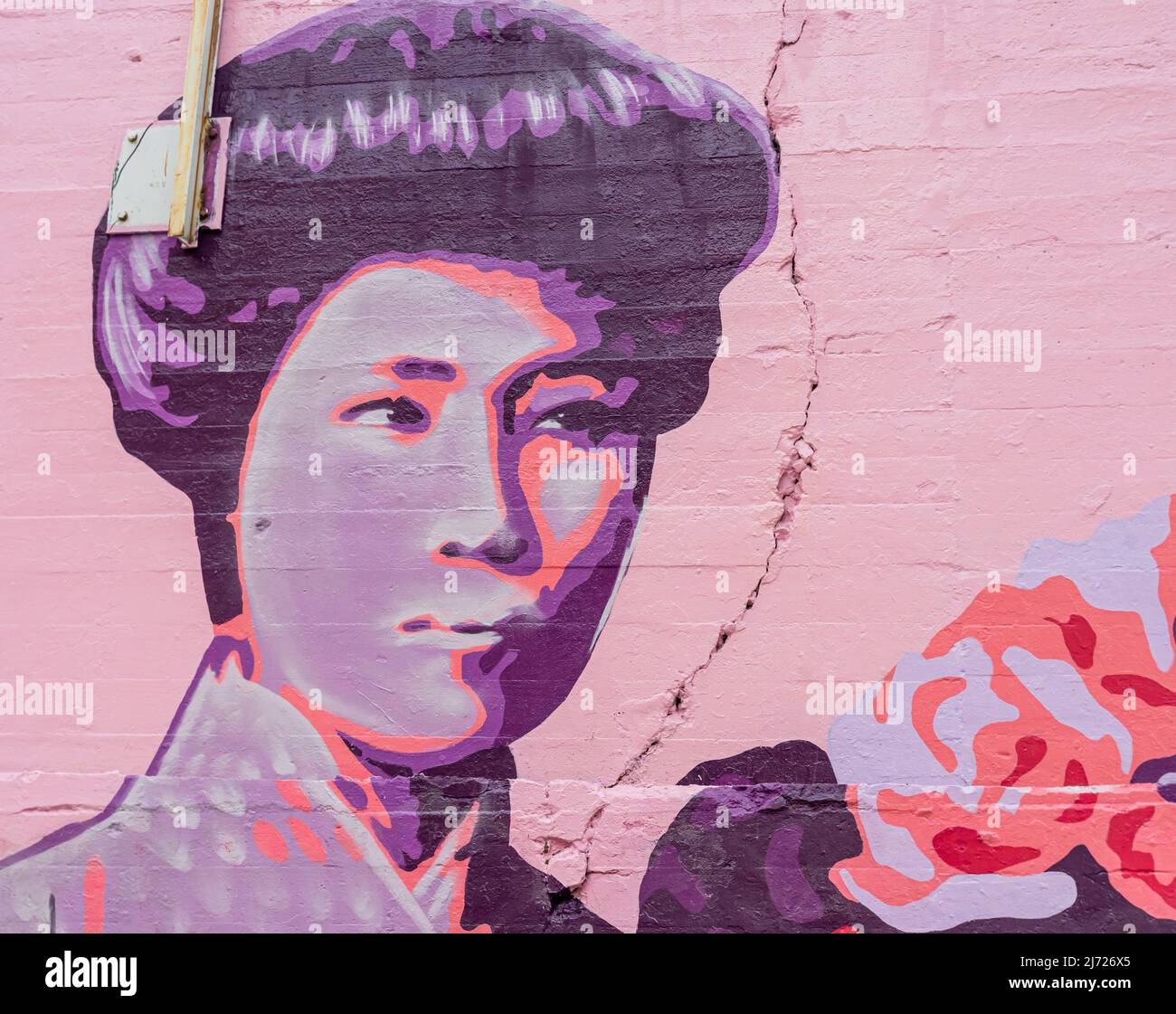 Mural of Japanese journalist Kanno Sugako, Concepcion feminist mural  La unión hace la fuerza,  on the wall in, Madrid Spain Stock Photo