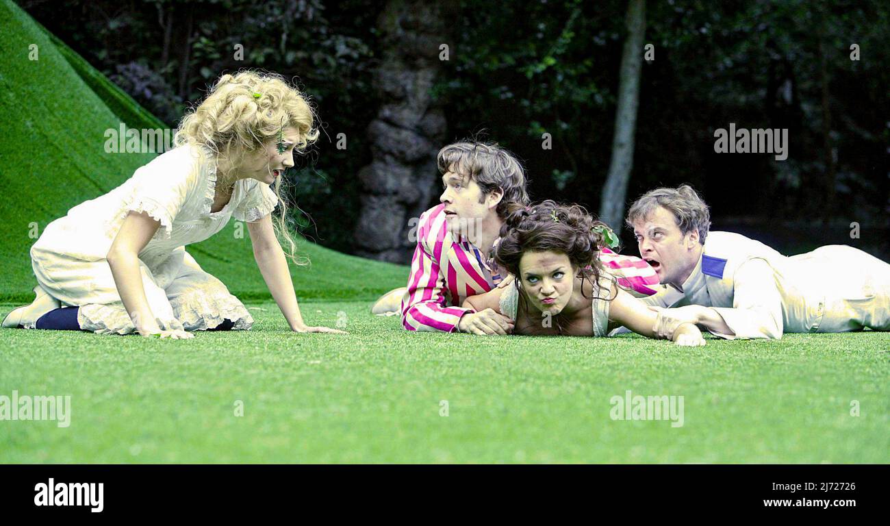 l-r: Summer Strallen (Helena), Dominic Marsh (Lysander), Sheridan Smith (Hermia), David Partridge (Demetrius) in A MIDSUMMER NIGHT'S DREAM by Shakespeare at the Open Air Theatre, Regent^s Park, London NW1  09/06/2006  design: Kit Surrey  lighting: Jason Taylor  movement: Gillian Gregory  director: Ian Talbot  A MIDSUMMER NIGHT'S DREAM   by Shakespeare - director: Ian Talbot Stock Photo