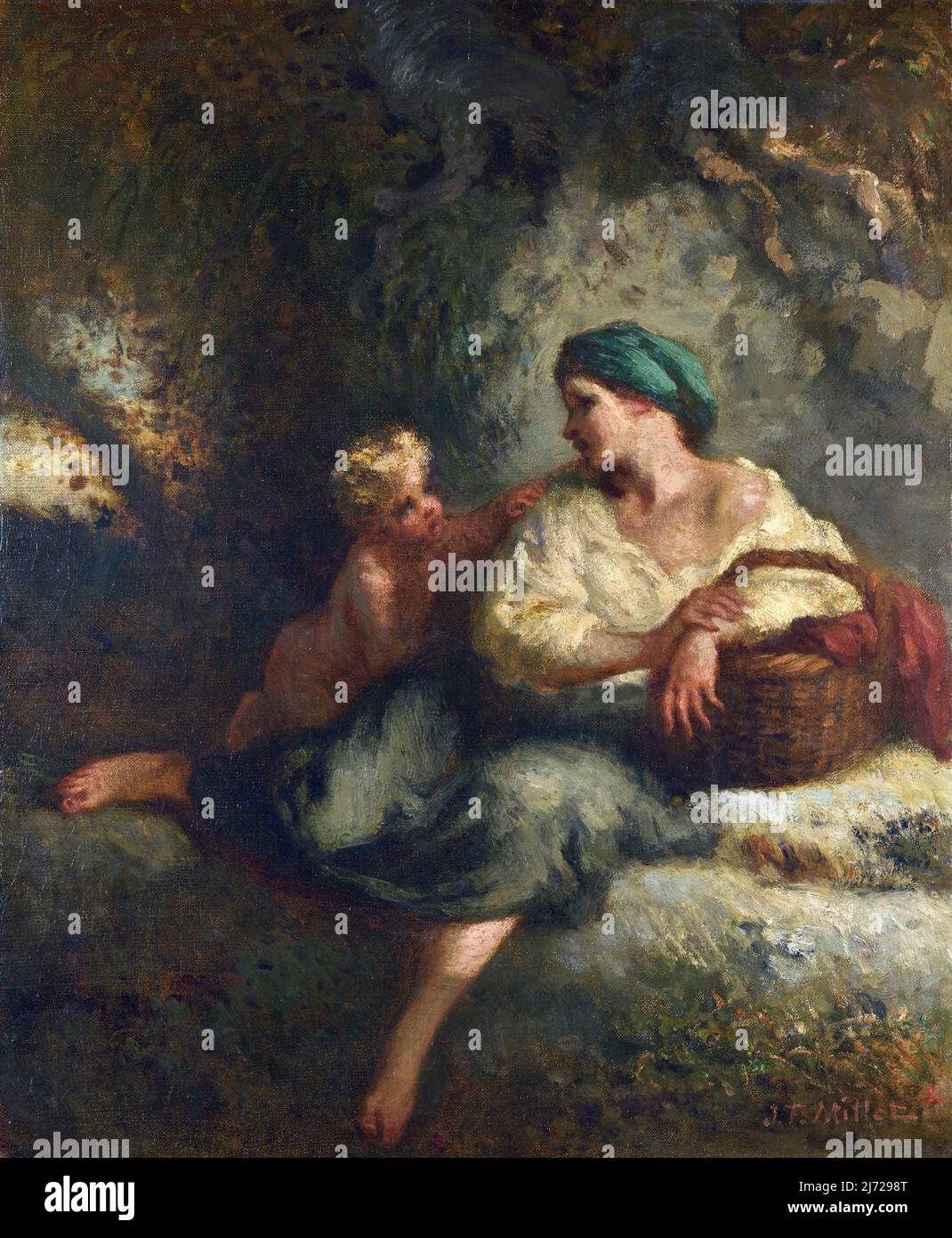 Woman and Child in a Landscape by Jean-Francois Millet (1814-1875), oil on canvas, c. 1846-7 Stock Photo