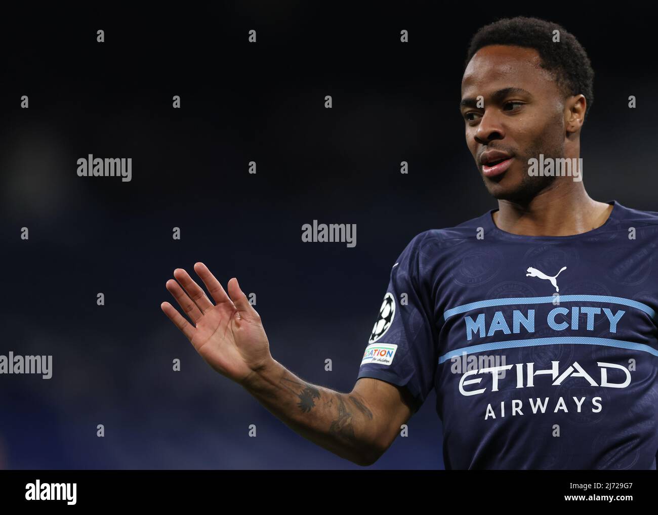 Madrid, Spain, 4th May 2022. Raheem Sterling of Manchester City reacts during the UEFA Champions League match at the Bernabeu, Madrid. Picture credit should read: Jonathan Moscrop / Sportimage Stock Photo