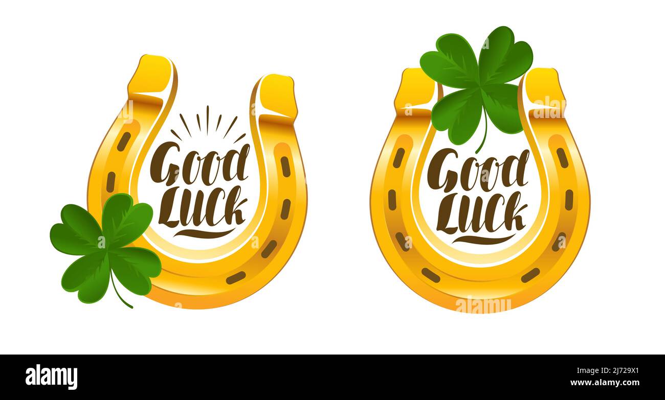 Horseshoe and clover leaf. Symbol of success. Good Luck lettering