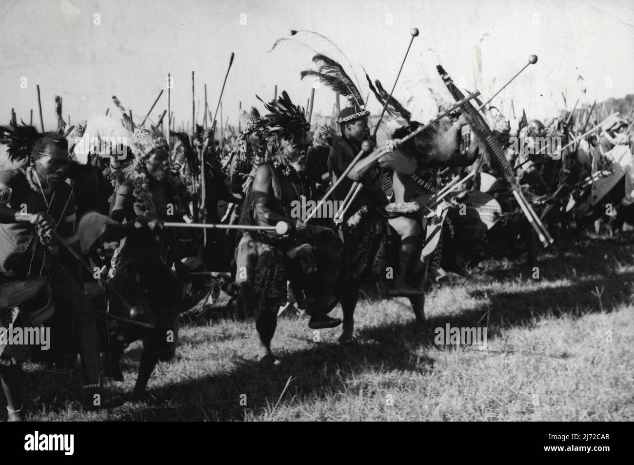 Zulus Dance Before The King And Queen -- Zulu men and women advancing towards the royal dais as they performed their ceremonial war dance before the King and Queen. 50,000 natives, from the remotest parts of the Zululand territory, gathered at Eshowe, Zululand, to pay homage to the King and Queen. 5000 men and women in plumed head-dresses and ox-skin kilts, complete with shield and assegai, performed their ceremonial war dance. March 24, 1947. Stock Photo