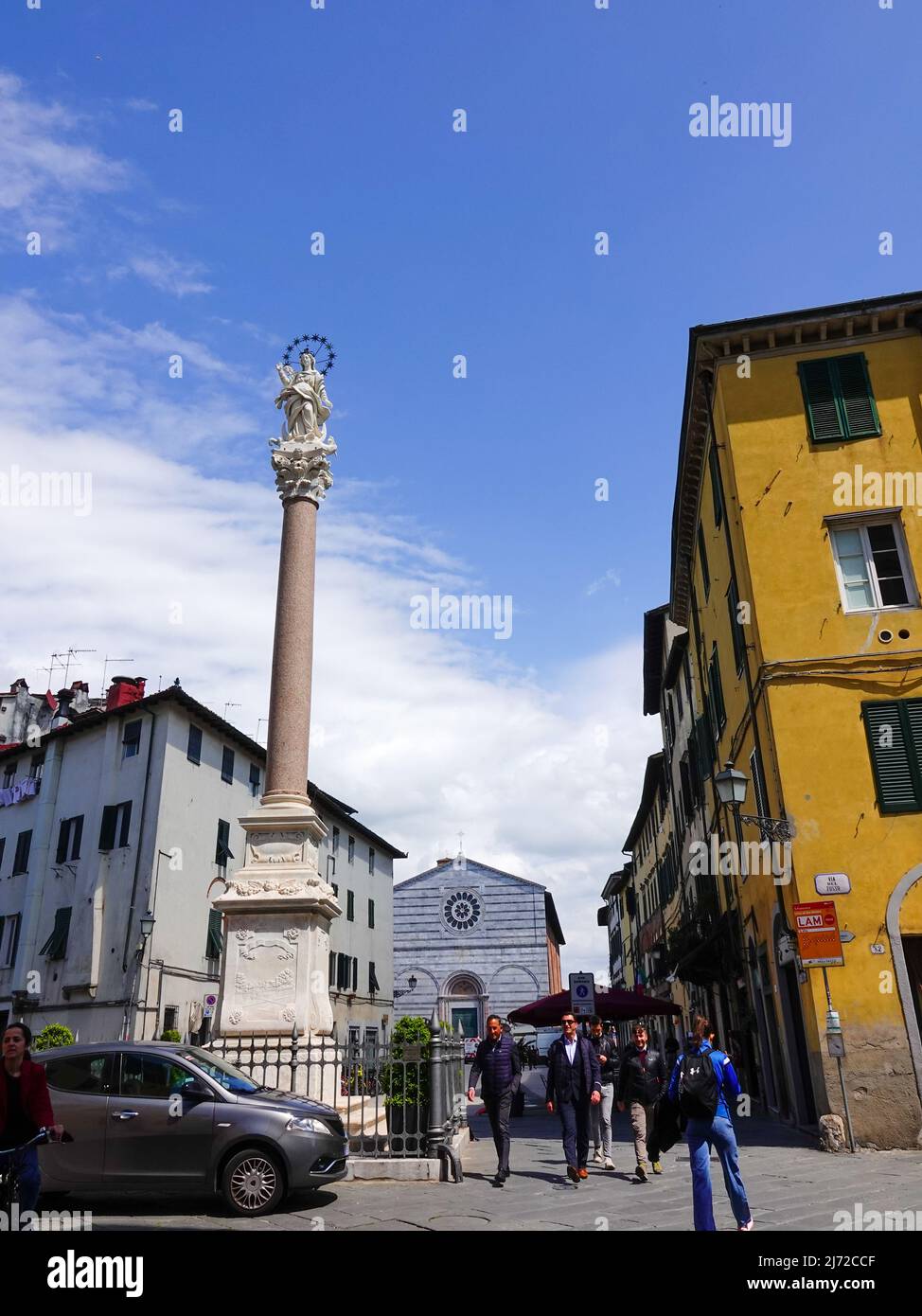 Statue of the Madonna of Stellario on a column, by sculptor Giovanni Lazzoni, Via del Fosso, in front of the Piazza San Francesco, Lucca, Italy. Stock Photo