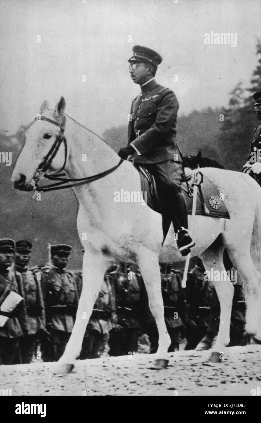 Emperor of Japan - This is a recent photograph of Emperor Hirohito of Japan mounted on his white horse. September 3, 1945. (Photo by U.S. Office of War Information Photo). Stock Photo