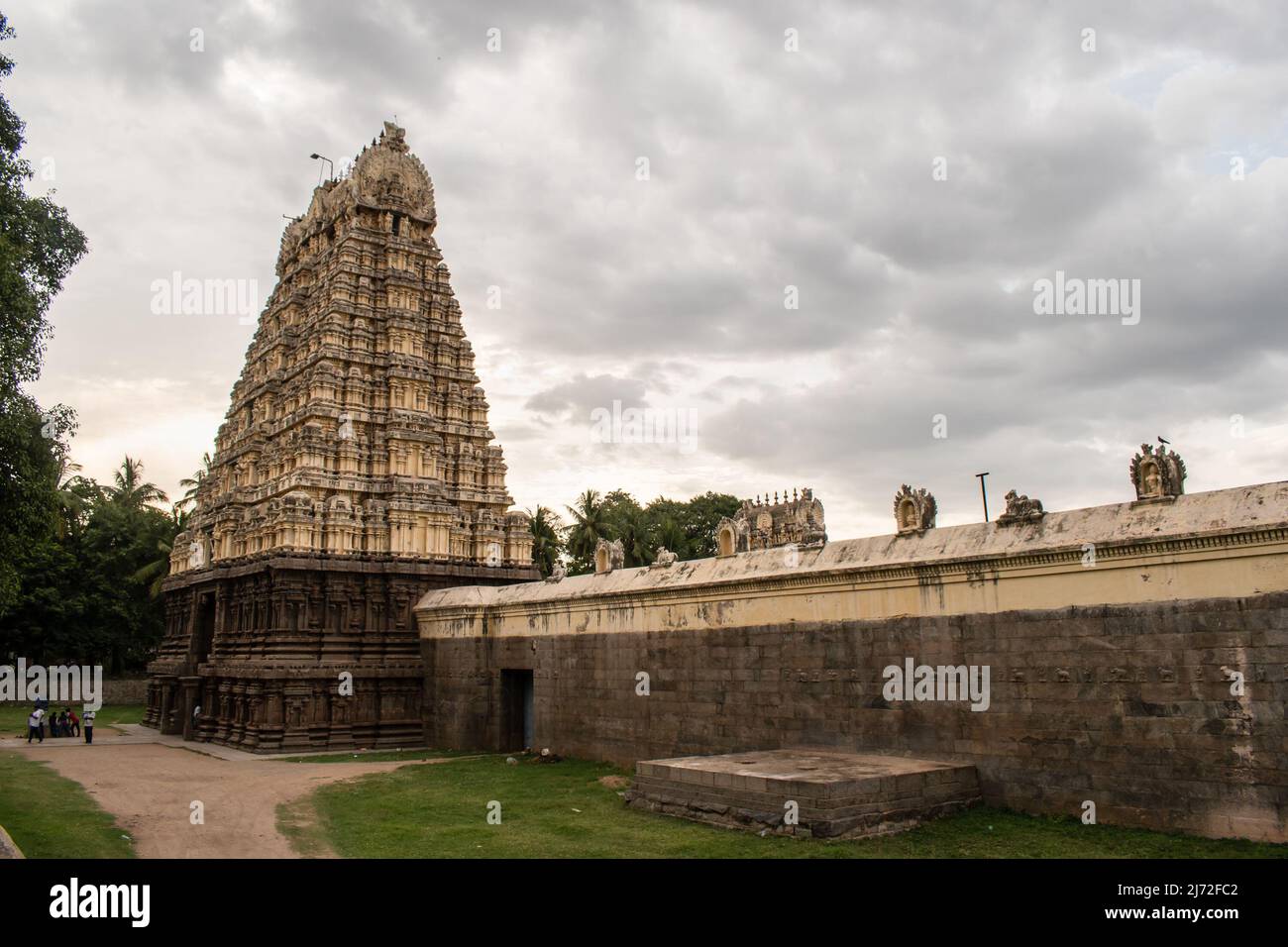 Vellore, Tamil Nadu, India - September 2018: The tower spire of the ancient Hindu Jalakanteswarar temple inside the Vellore Fort complex. Stock Photo