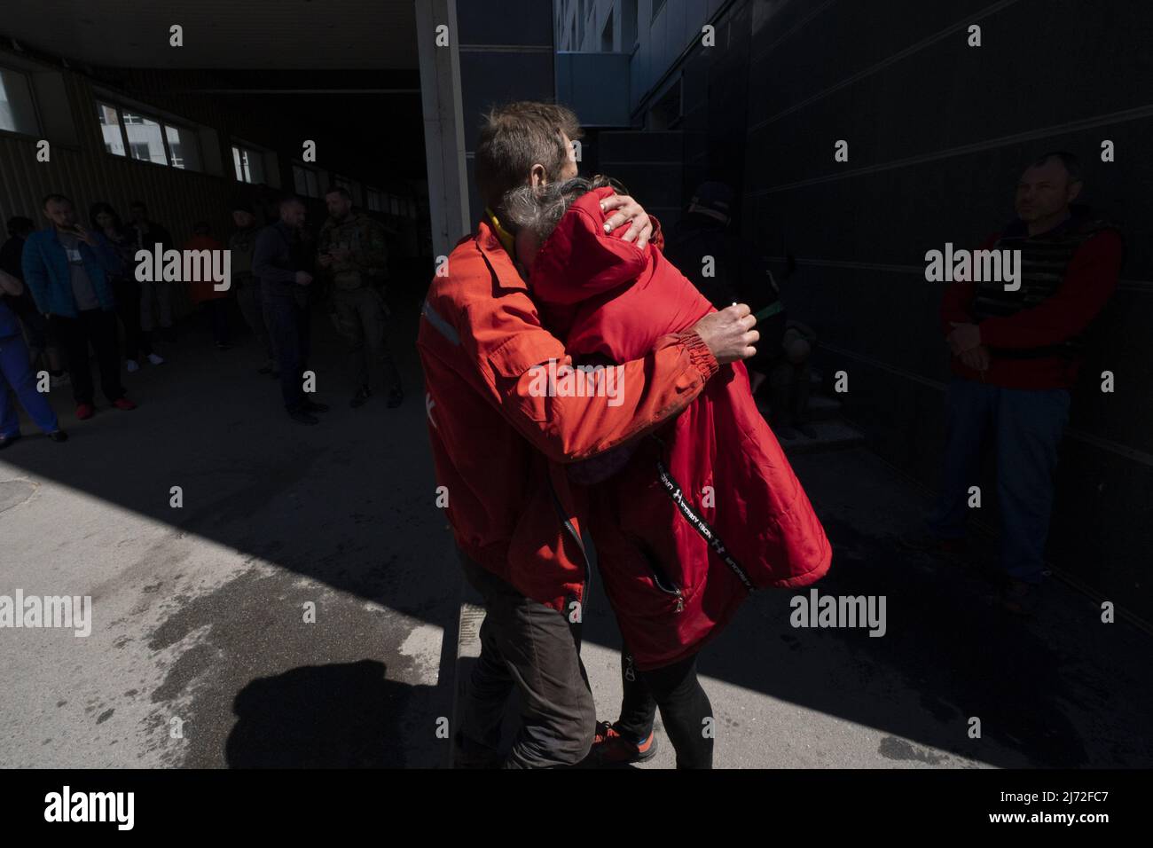 A husband consoles his wife, Svetlana Selevina, at a local hospital after hearing their only son Dennis died when Russians shelled Eco-Park during rescuing operations of four buffalo in Kharkiv, Ukraine, Thursday, May 5, 2022. The U.K. government has reportedly launched an inquiry into how British-manufactured components have made their way into Russian weapons systems, despite an arms embargo being in operation since Russia annexed Crimea in 2014.     Photo by Ken Cedeno/UPI Stock Photo