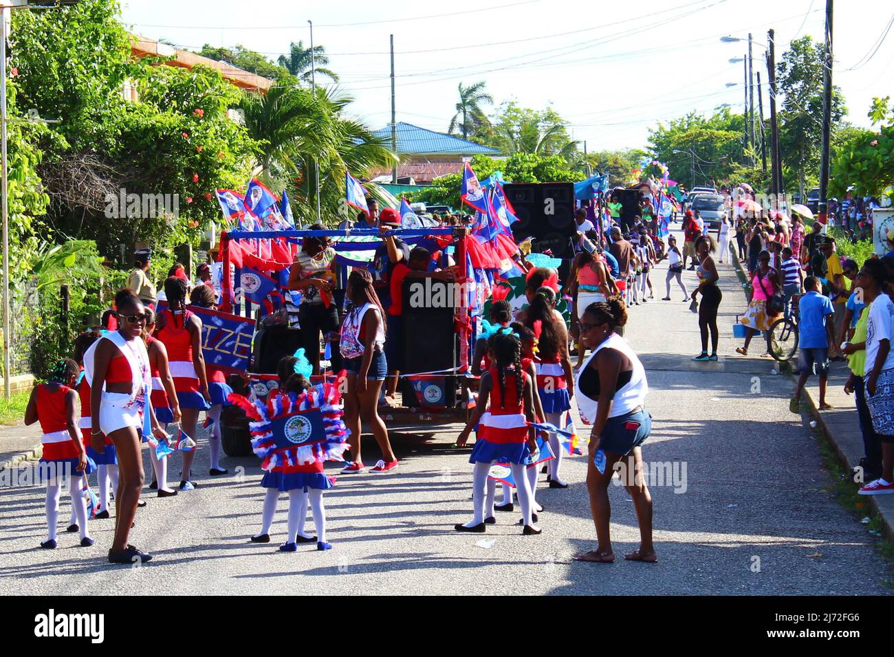 PUNTA GORDA, BELIZE - SEPTEMBER 10, 2015 St. George’s Caye Day celebrations and carnival close up of the last troupe going down the main street Stock Photo