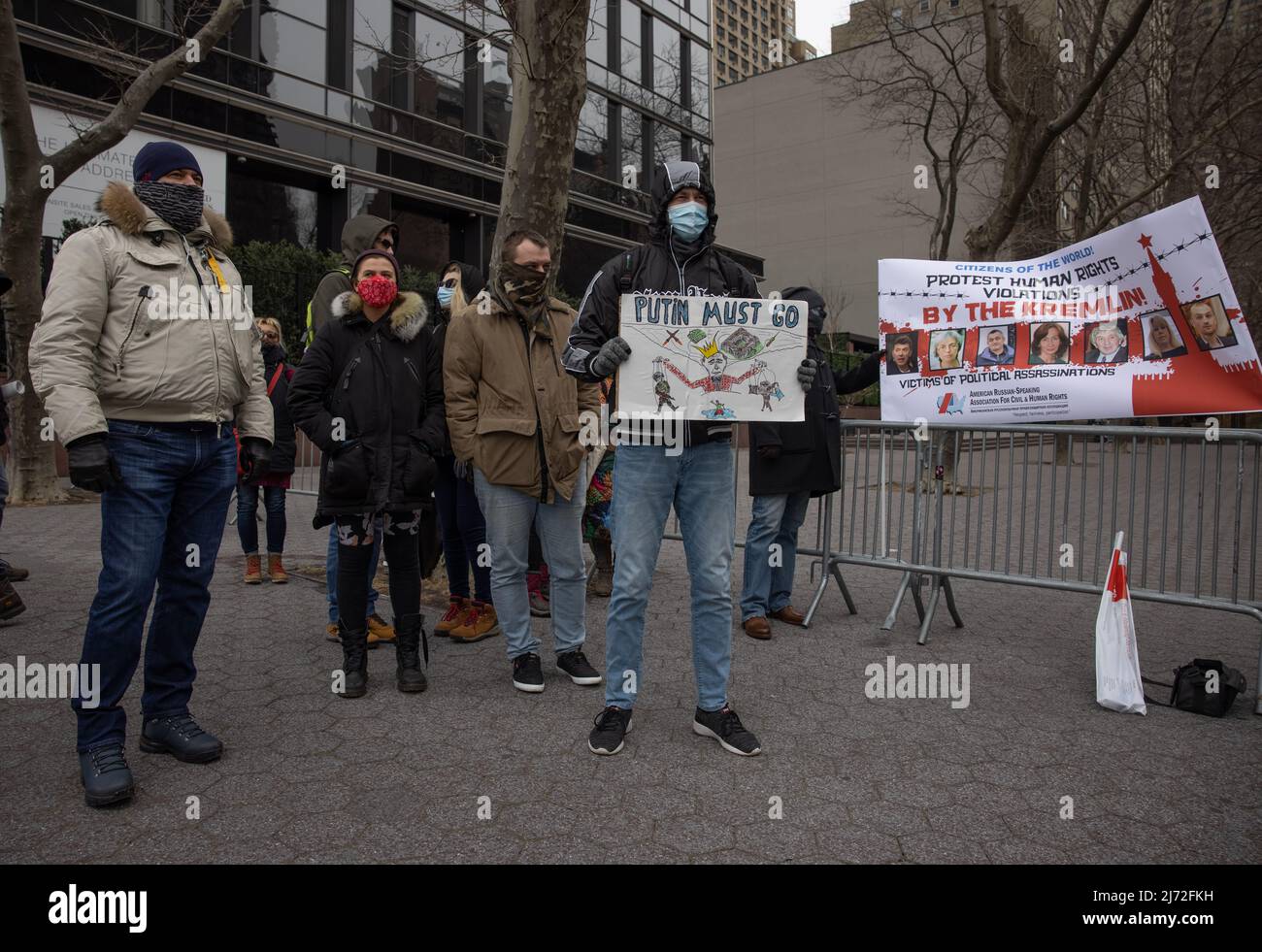 NEW YORK, N.Y. – January 31, 2021: Demonstrators rally against Russian President Vladimir Putin near the United Nations Headquarters in New York City. Stock Photo