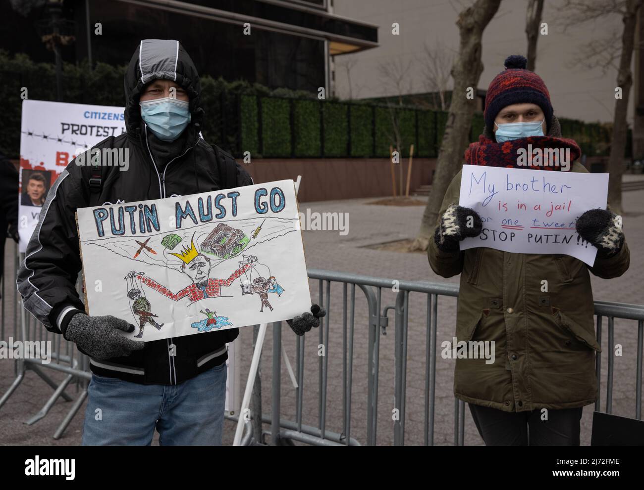 NEW YORK, N.Y. – January 31, 2021: Demonstrators rally against Russian President Vladimir Putin near the United Nations Headquarters in New York City. Stock Photo