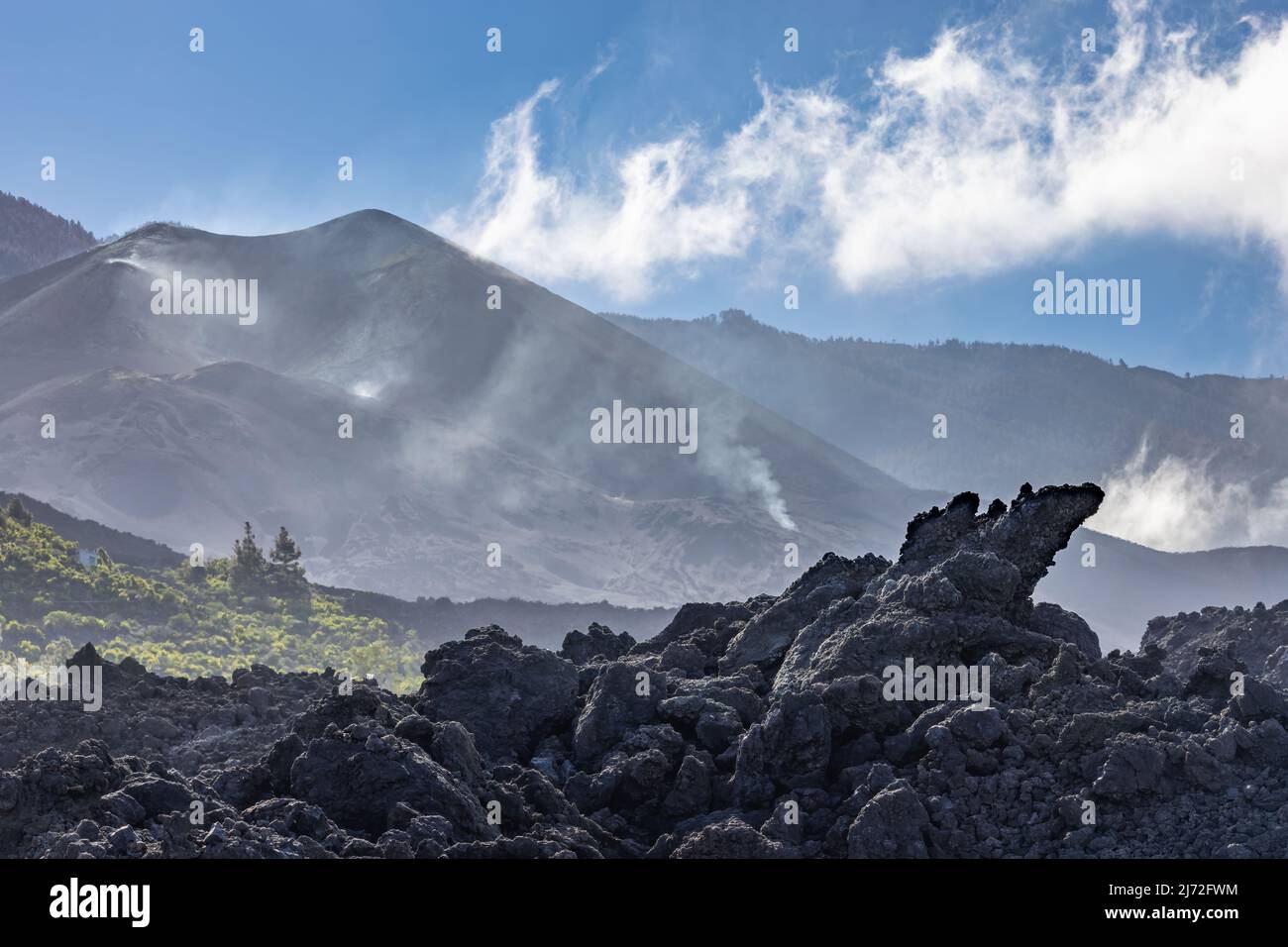 Black rocks of new lava field from recent erupted volcano Cumbre Vieja at la Palma Stock Photo