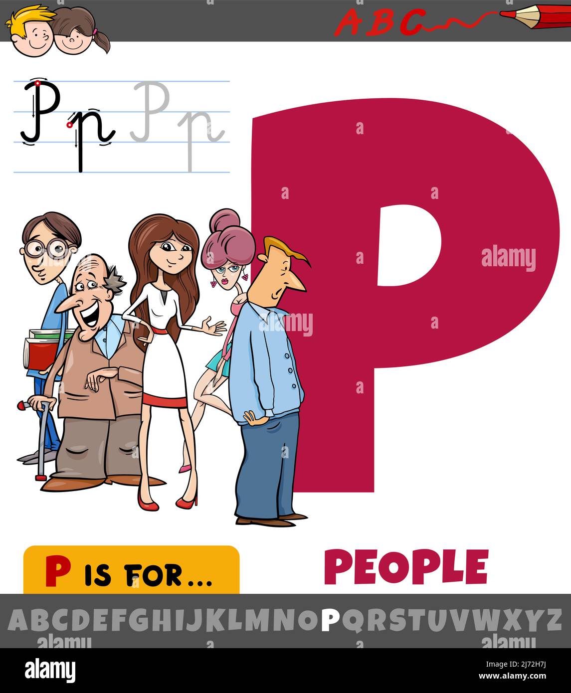Educational cartoon illustration of letter P from alphabet with people characters Stock Vector