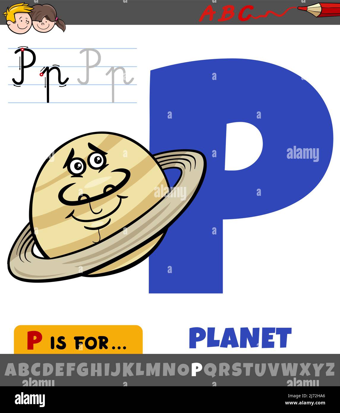 Educational cartoon illustration of letter P from alphabet with planet character Stock Vector