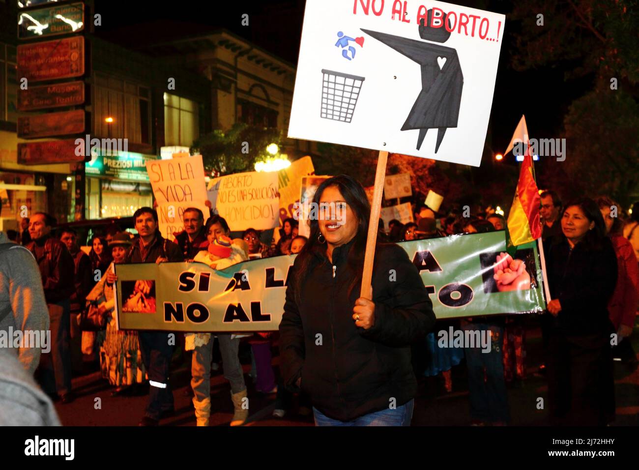 LA PAZ, BOLIVIA, 22nd August 2013. People take part in a march organised by the Red Pro-Vida (Pro Life Network) to protest against decriminalising abortion. Bolivia has been debating whether to decriminalise abortion since March 2012. Stock Photo