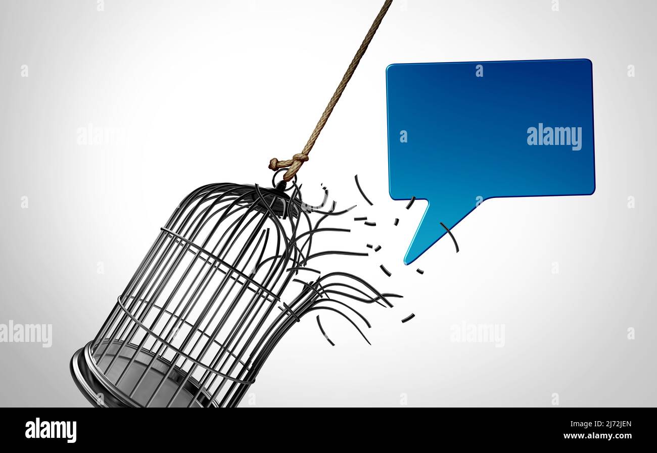 Free speech and freedom of expression or from censorship and as a symbol for privacy with a broken cage and a word bubble breaking out of a birdcage r Stock Photo