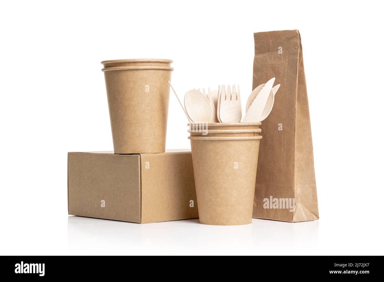 Paper cups, box and paper bag made of eco kraft paper. Wooden cutlery ...
