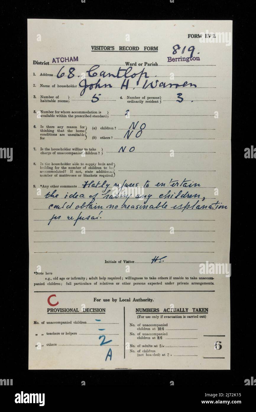 'Visitors Record Form' indicating householder who did NOT want child evacuees, a piece of replica memorabilia relating to children during WWII. Stock Photo