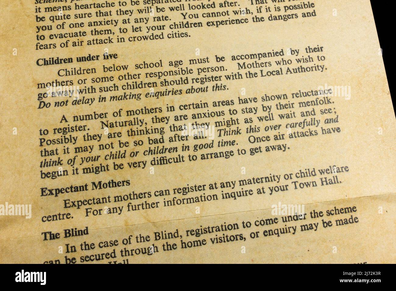 'Evacuation Why and How?' Civil Defence public information leaflet no 3 from July 1939, a piece replica memorabilia relating to children during WWII. Stock Photo