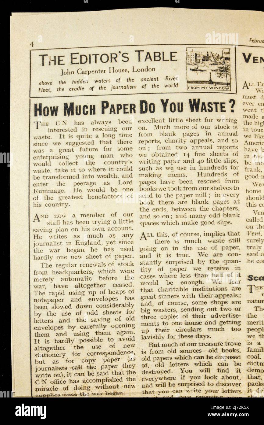 'How much paper do you waste?' article inside 'Children's Newspaper' 15th Feb 1941, a piece replica memorabilia relating to children during WWII. Stock Photo
